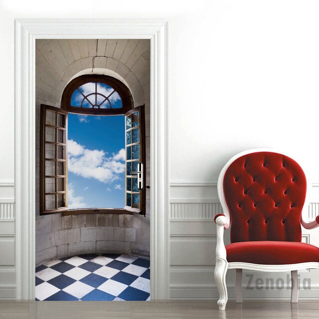 Virtuale Balcone 3D Adesivi per Porte Modulare Stampa manifesto etichetta Murale in Pvc Impermeabile auto-Adesivo Autoadesivi Della Decorazione Della Casa di design: 77x200cm