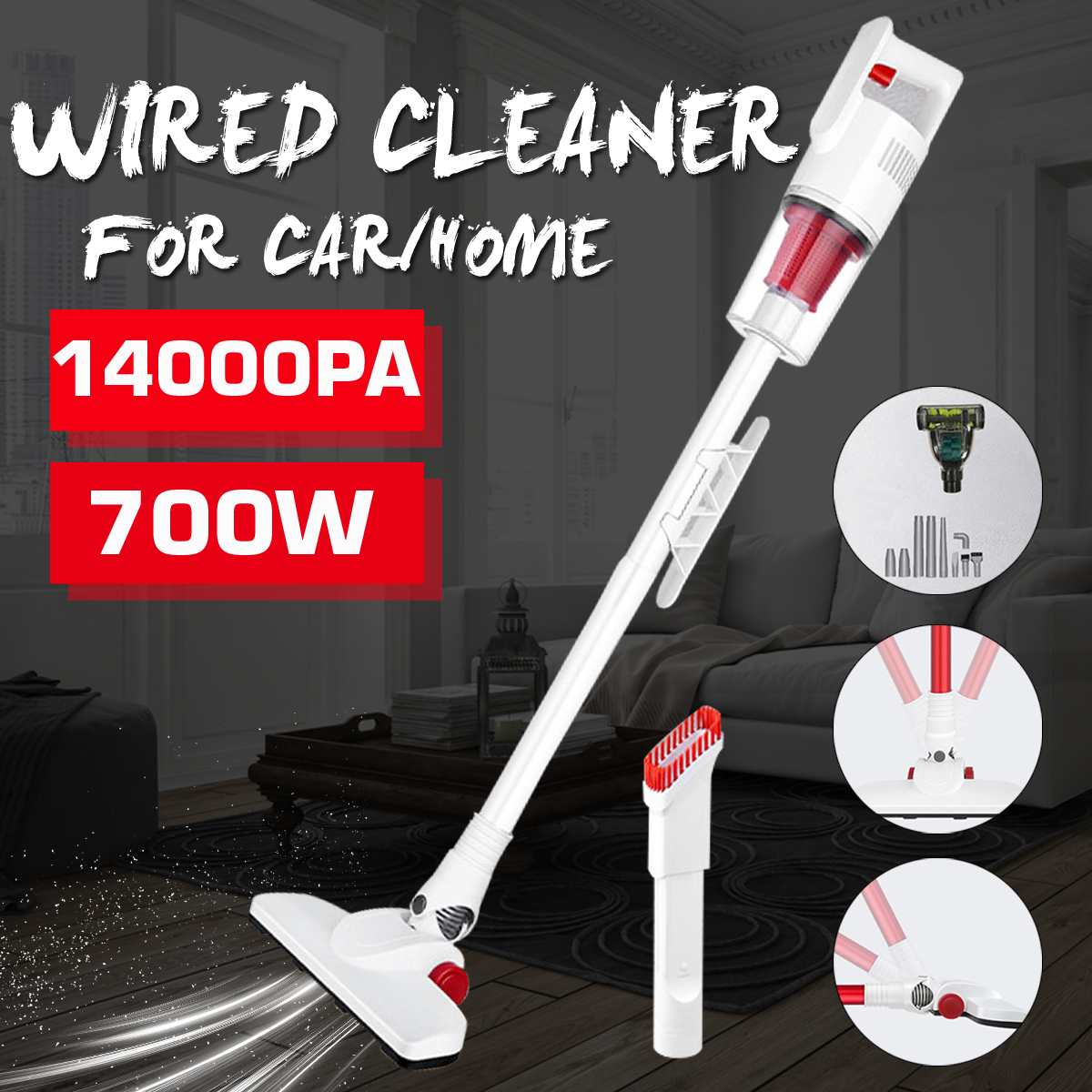 14000PA 700W 2-in-1 Handheld Wired Vacuum Cleaner EU Plug Portable Multifunction Mite Removal Machine Red Wall - mounted Cleaner