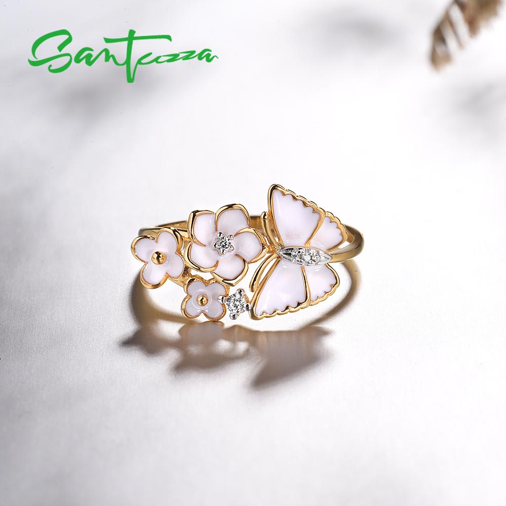 Santuzza Zilveren Ringen Voor Vrouwen Echt 925 Sterling Zilveren Delicate Witte Bloem Vlinder Trendy Fijne Sieraden Handgemaakte Emaille