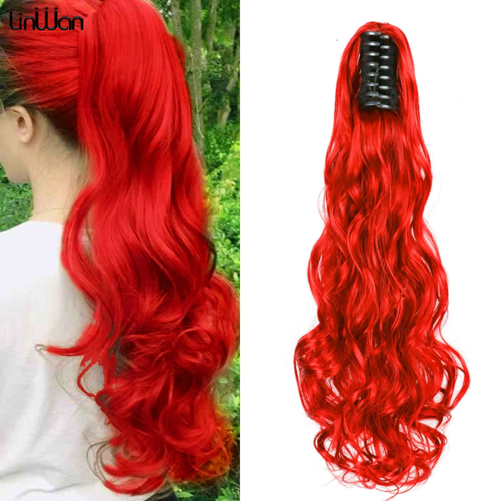 Extensiones de cabello de cola de caballo ondulada y rizada de 20 pulgadas, pinza sintética en postizos de cola de caballo para mujeres blancas, Color marrón, negro y rojo