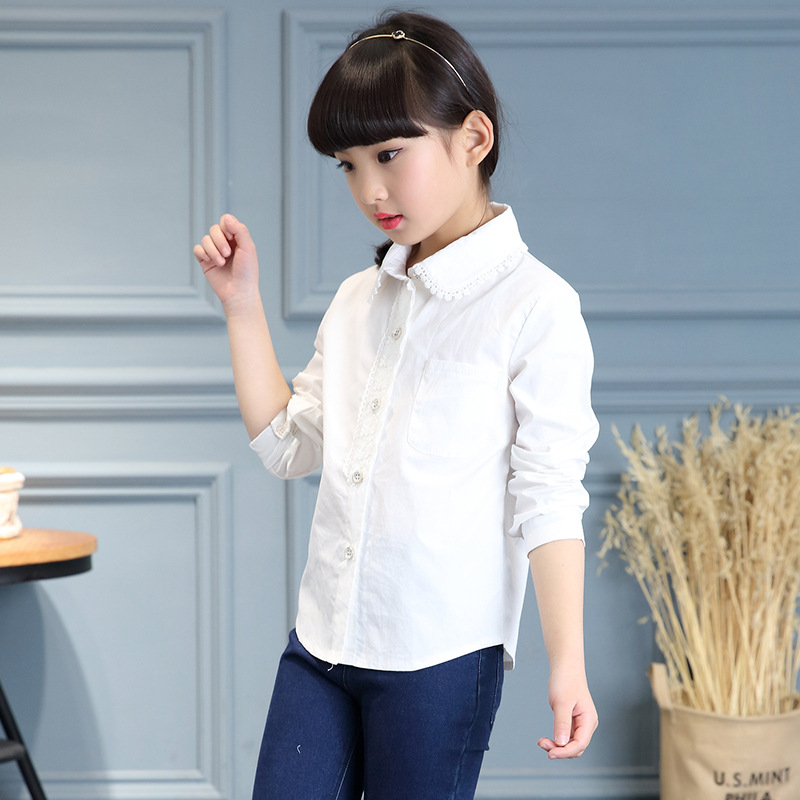 Kinderen witte blouses voor meisjes shirts katoen lange mouwen studenten schooluniformen lente kindertops 4 5 7 8 9 11 12 jaar