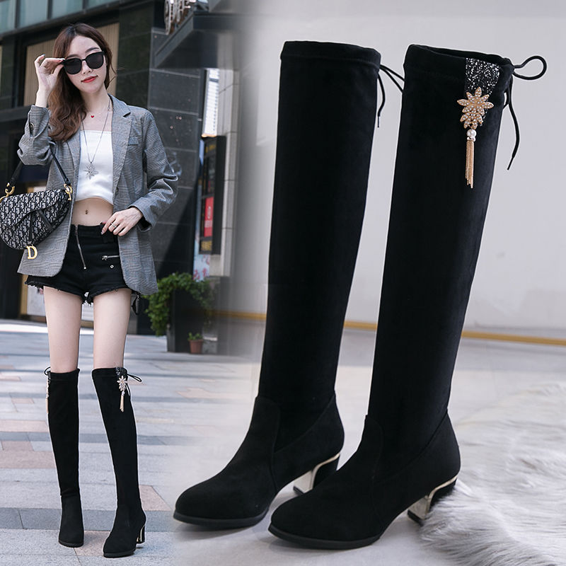 bottes hautes femme chevalier bottes sur le genou femmes chaussures d'hiver élastique cachemire troupeau glands talon carré chaussures femme