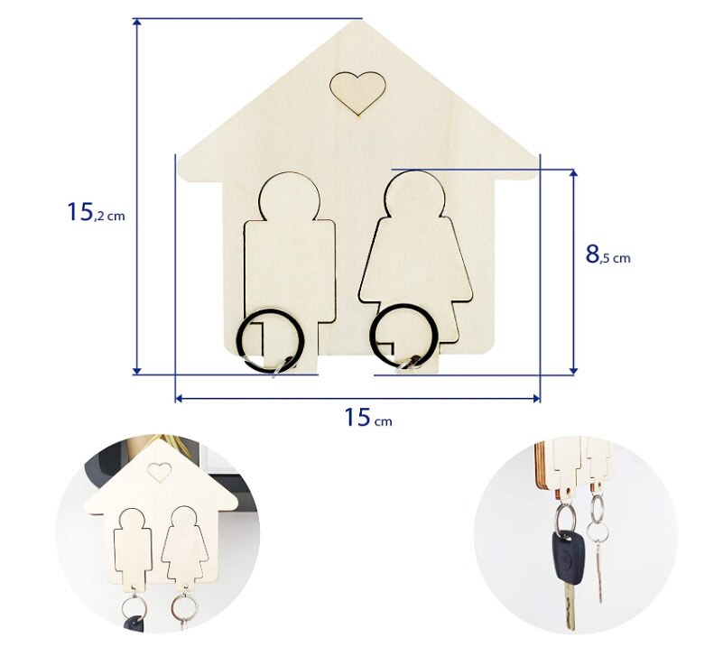 LM Solid Wooden Key Holder DIY Wall Hanging Wood House Shape Wall Hanging Car Keys Wall Decoration Valentine's Day