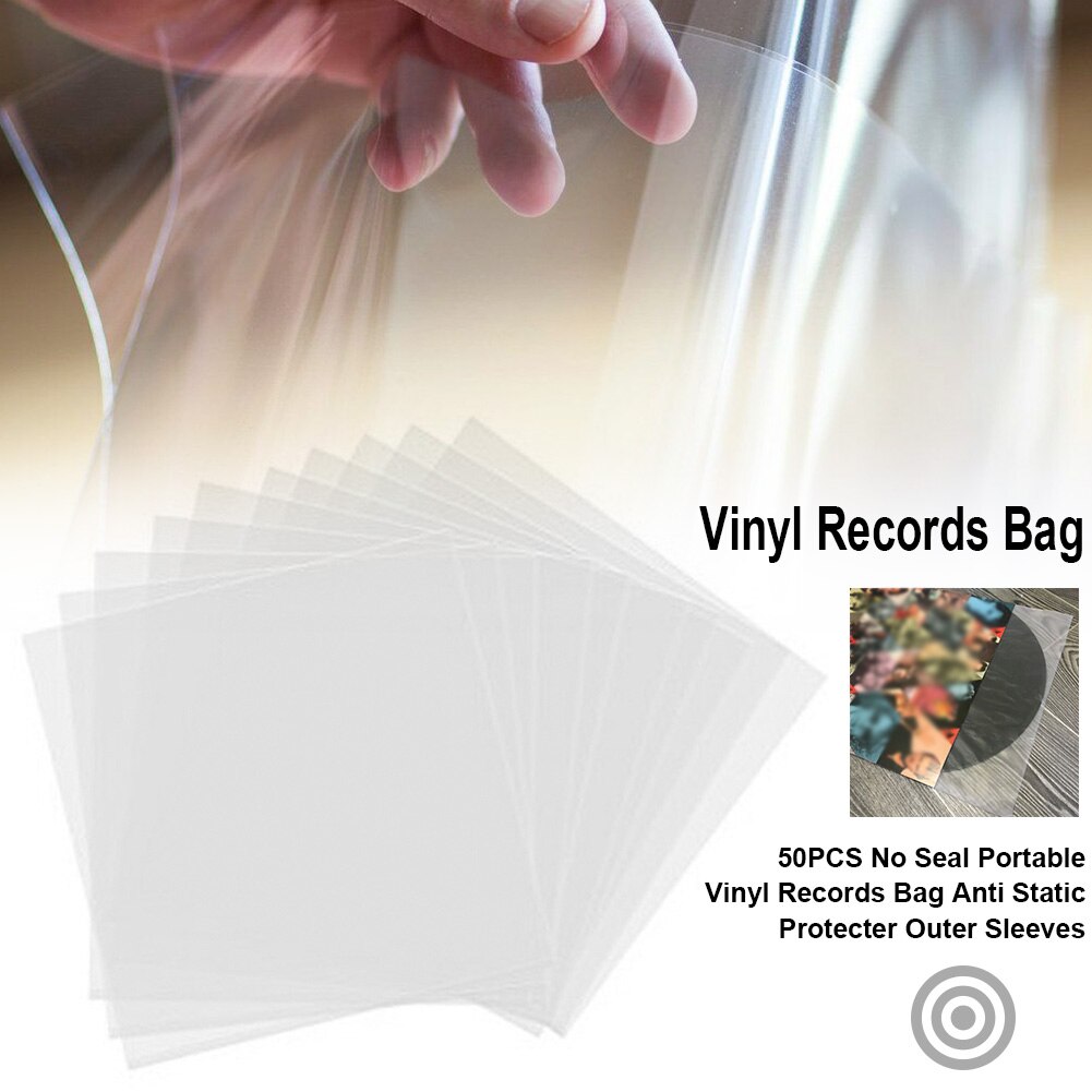 50 stk ydre ærmer runde rynkefri vinylplader taskeovertræk opbevaringspose antistatisk ingen tætningsbeskytter singler klar: 12