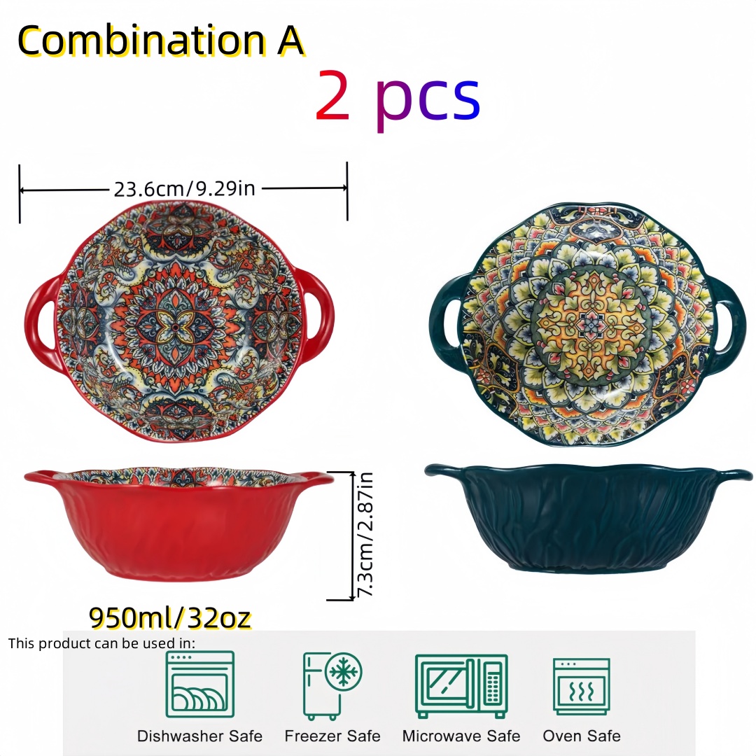 Tigela de sopa de cerâmica estilo boêmio com alça, design seguro para micro-ondas em relevo, ótimo para servir sopa, saladas, macarrão ramen: MULTI