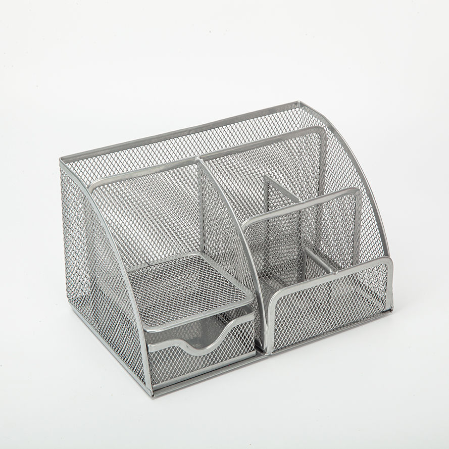 Metal Mesh Desk Organizer Desktop Office Organizer Storage Holder Desktop Pencil Pen Sundries Badge Box Stationery Supplies: silver 7 grids