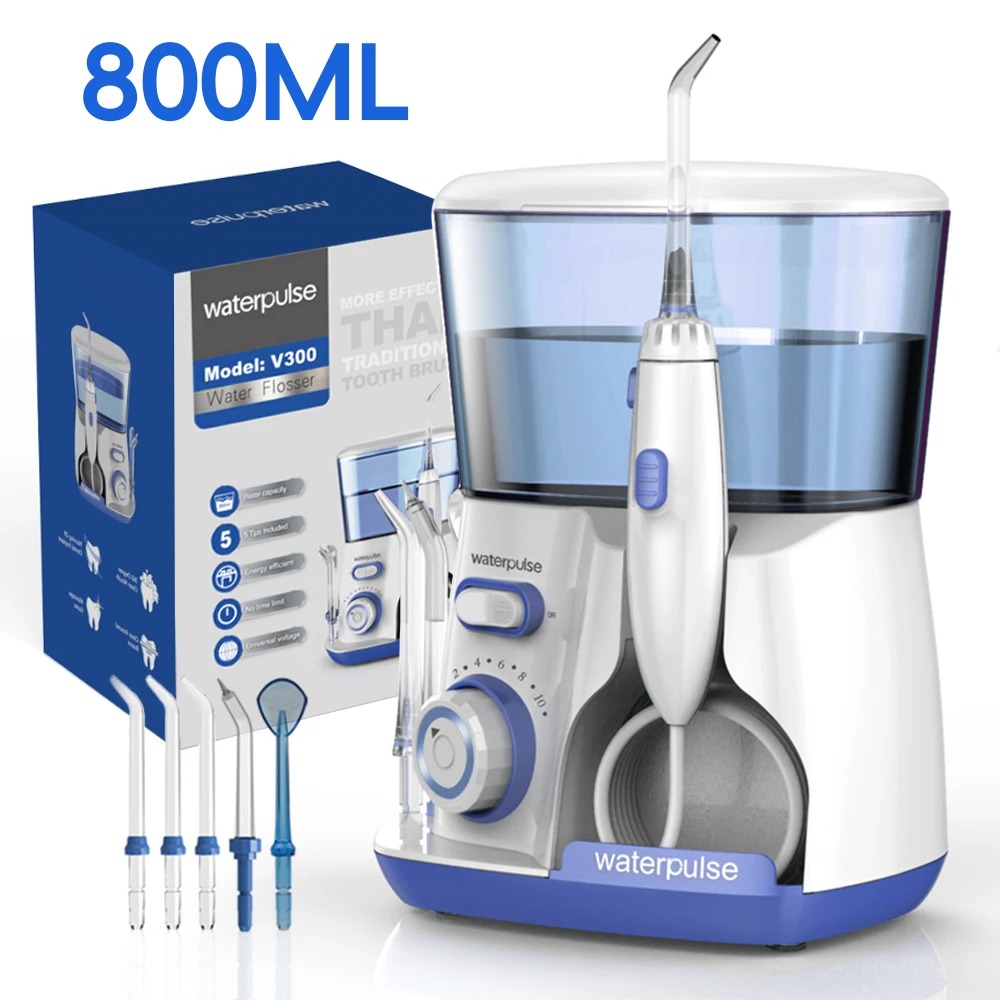 Irrigador bucal eléctrico con 5 boquillas, hilo dental de agua para dientes, lavadora bucal, tanque de agua de 800ML, limpiador de dientes, 10 niveles: EU