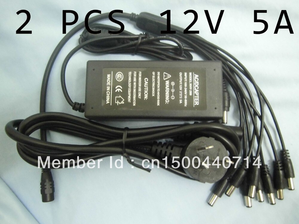 2 Stuks Au Plug 12V 5A Ac/Dc Adapter Voeding 8 Port Splitter Pigtail Voor Cctv