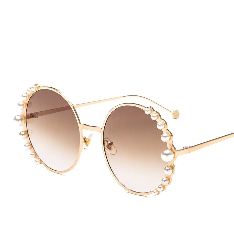 Luksus perle solbriller kvinder metal stel runde solbriller mærke spejl perle solbriller  uv400: Guld-te