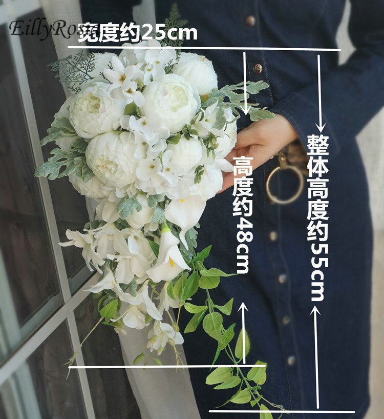 Simulation gouttelettes tenant fleurs cascade mariée Bouquet église romantique mariage décoration blanc Rose dentelle poignée: Default Title