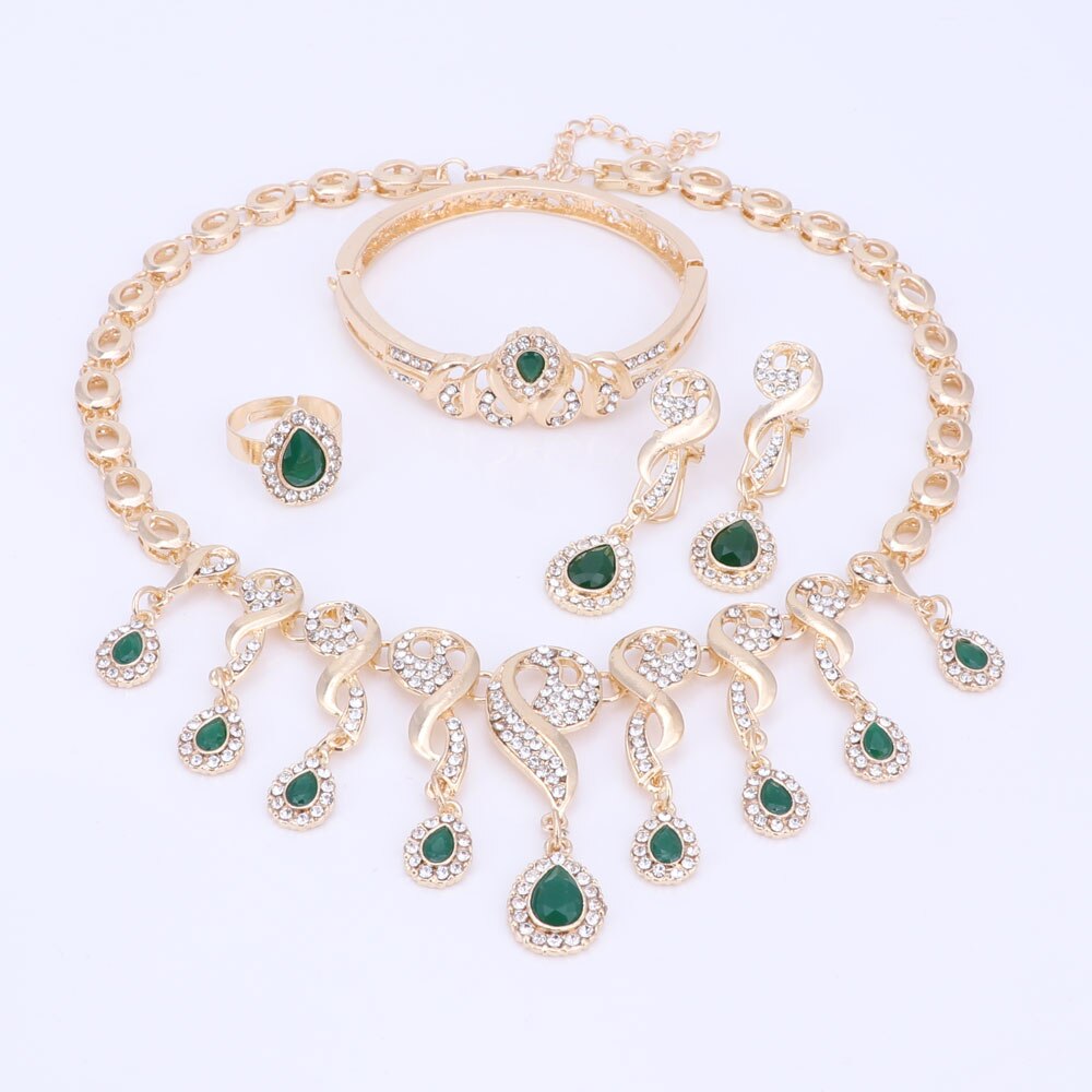 Goud Kleur Crystal Afrikaanse Kralen Sieraden Sets Voor Vrouwen Jurk Accessoires Bruiloft Bruids Ketting Oorbellen Armband Ring Sets: Green Set