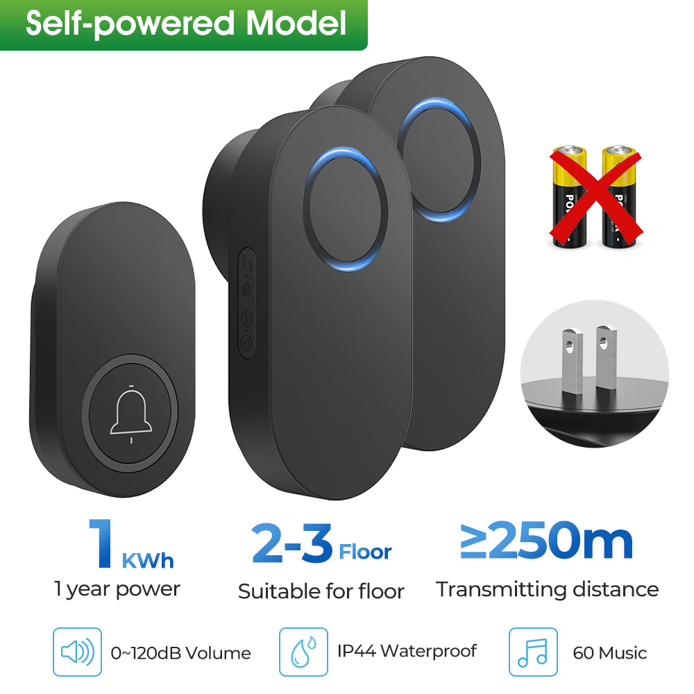 Self Powered Doorbells No Need Battery 120dB 60 Chimes 250M Range EU US UK Plug Waterproof Door Bell For Office,Home: Silver