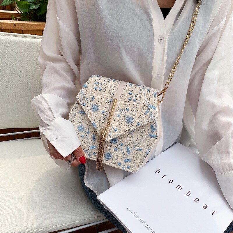 Hexagonale stijl stro kant borduurwerk tas handtassen vrouwen zomer rotan tas handgemaakte geweven strand bohemien handtas