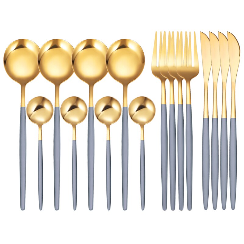 16Pcs/Set White Gold Cutlery Set Knives Forks Tea Spoon Dinnerware Flatware Stainless Steel Silverware Kitchen Tableware Set: 16 Pcs Grey Gold