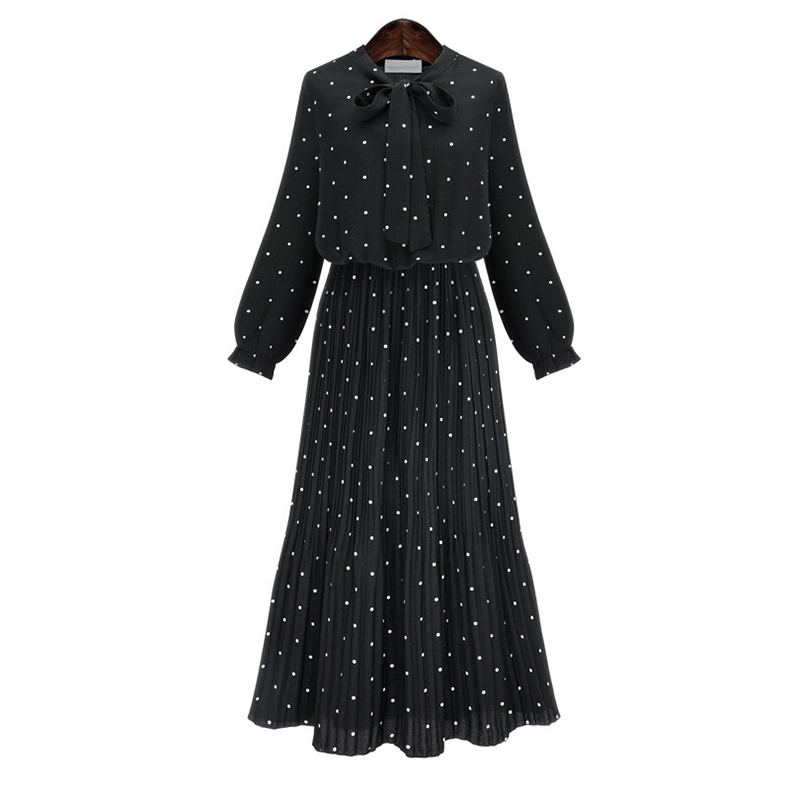 [eam] forår rund hals lange ærmer solid sort chiffon prik løs stor størrelse kjole dame tide  ja23601m: Xxl