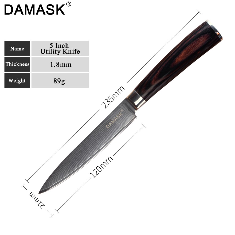 DAMASK Santoku Damascus Steel Knife High Hardness G10 Color Wood Handle Japan Kitchen Knives Meat Cleaver Slicing Chef Knives: 5 inch Big Utility