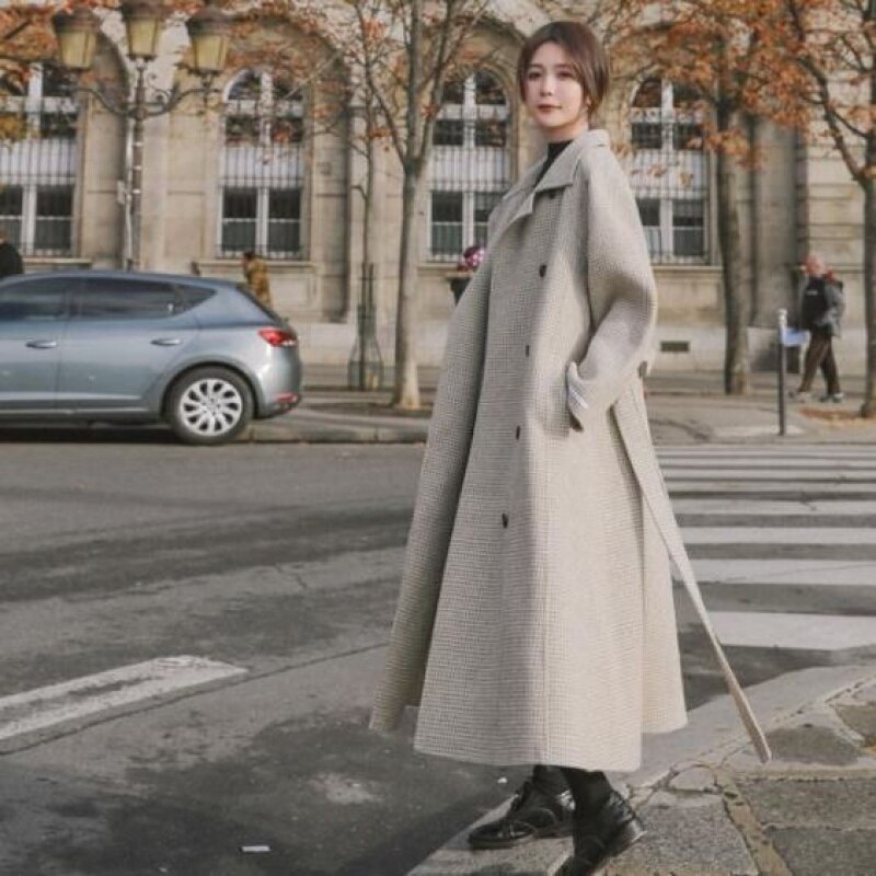 Abrigo de lana de gallo largo y grueso para mujer, chaqueta de lana para estudiante, con cinturón suelto a cuadros, para invierno