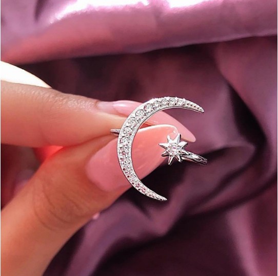 Wangaiyao Moon Star Crescent Moon Star Maan Vrouwelijke Ring Creatieve Overdreven Opening Engagement Ring: Silver