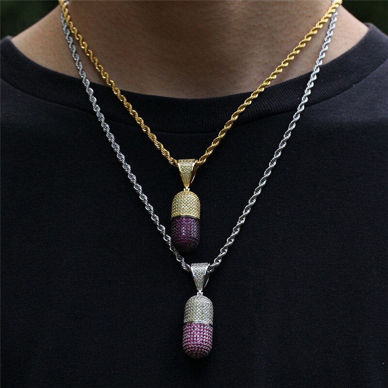 Pieno Zircone Cubico penna Della Capsula Della Pillola Pendenti con Gemme E Perle Collana di anca salto Bling Ghiacciato Fuori Rame medaglione Rapper Gioielli Staccabile Regalo