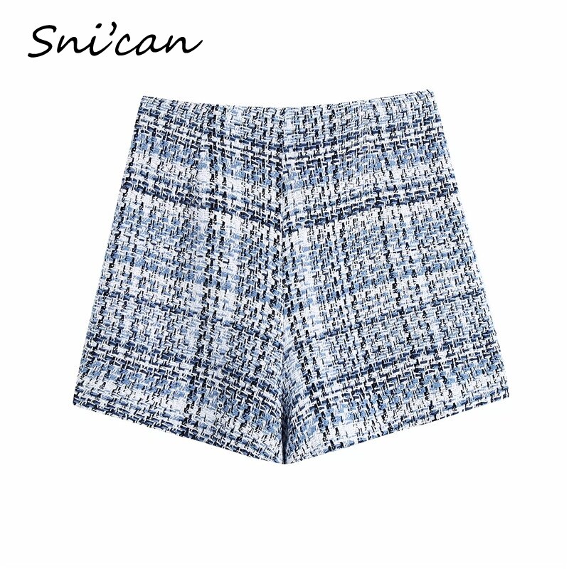 Pantalon à carreaux en Tweed avec boutons pour Femme, tenue courte pour bureau, Vintage, uniforme, taille haute, bas Chic, Za,
