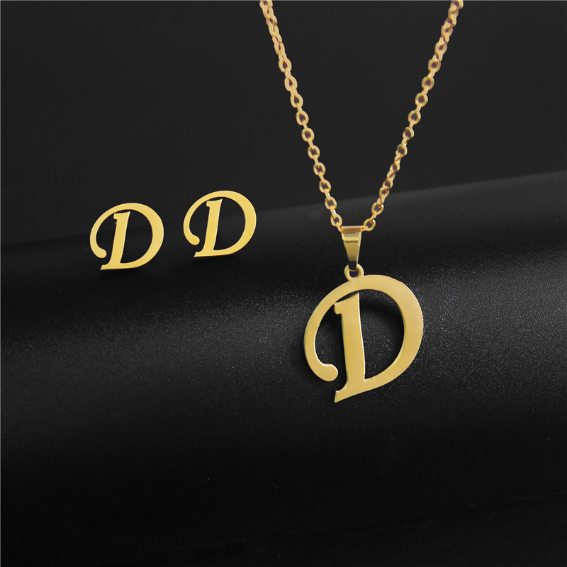 A-Z 26 charm Initial Necklace And Stud Earrings Jewelry Sets Alphabet Pendant Chain Letter mom: Dark Gold