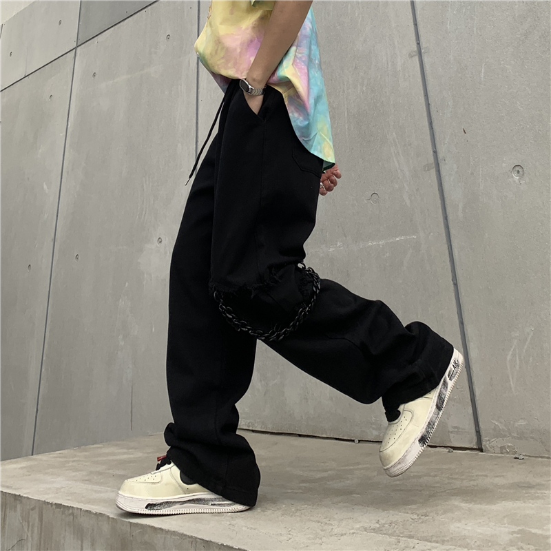 Harajuku Streetwear – pantalon Cargo décontracté avec chaîne au genou pour homme et femme, ample avec cordon de serrage