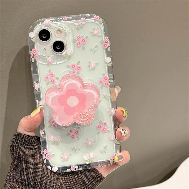 Funda de teléfono con soporte de flor rosa y arena movediza para iPhone 16 15 14 13 12 11 Pro Max XR X XS 7 8 Plus, funda suave transparente con soporte Floral
