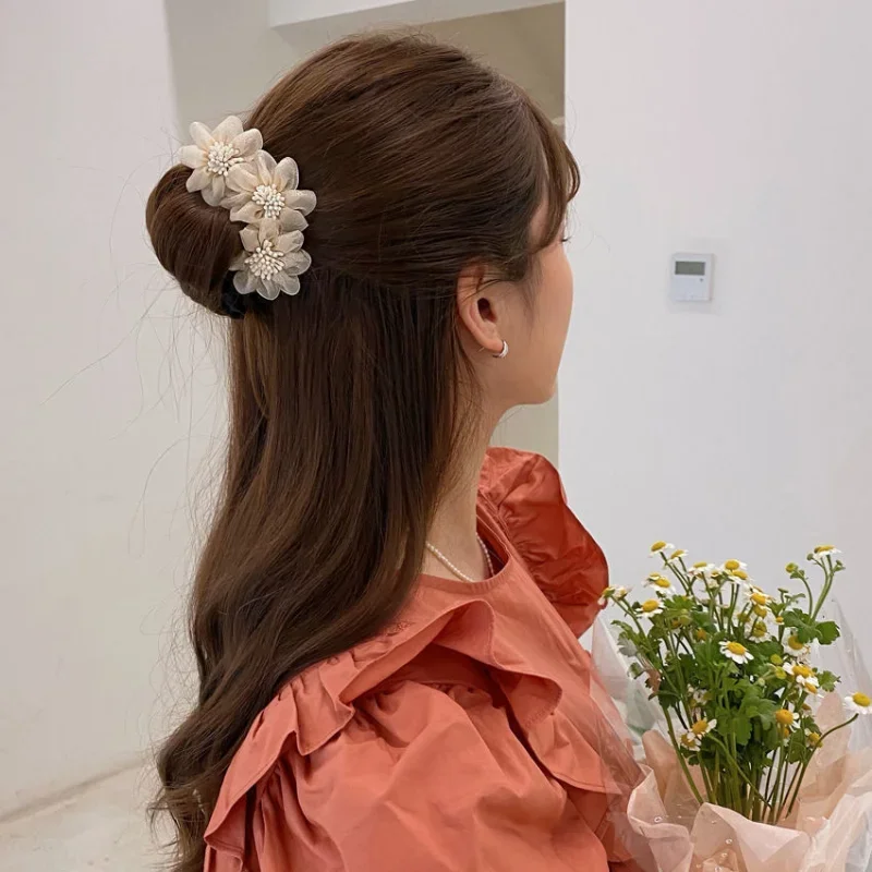 Diadema de gasa con flores para mujer, herramienta para hacer peinados, cuerda para el pelo dulce, accesorios Coreanos
