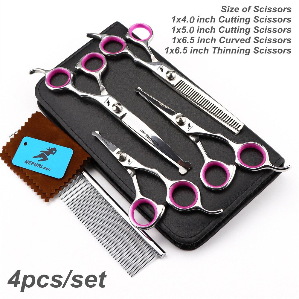 Safety Pet Grooming Scissors Round Head Tips Stainless Steel Pets Shears Dog Scissors Set Hair Cutting Curved Thinning Tools Kit: 4pcs Set