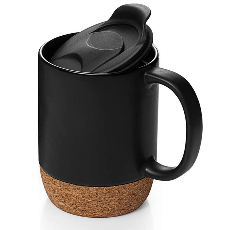 Coffee Cup, 15 Oz Ceramic Mug with Insulated Cork Bottom and Splash Cover, Large Cup with Handle, Black: Default Title