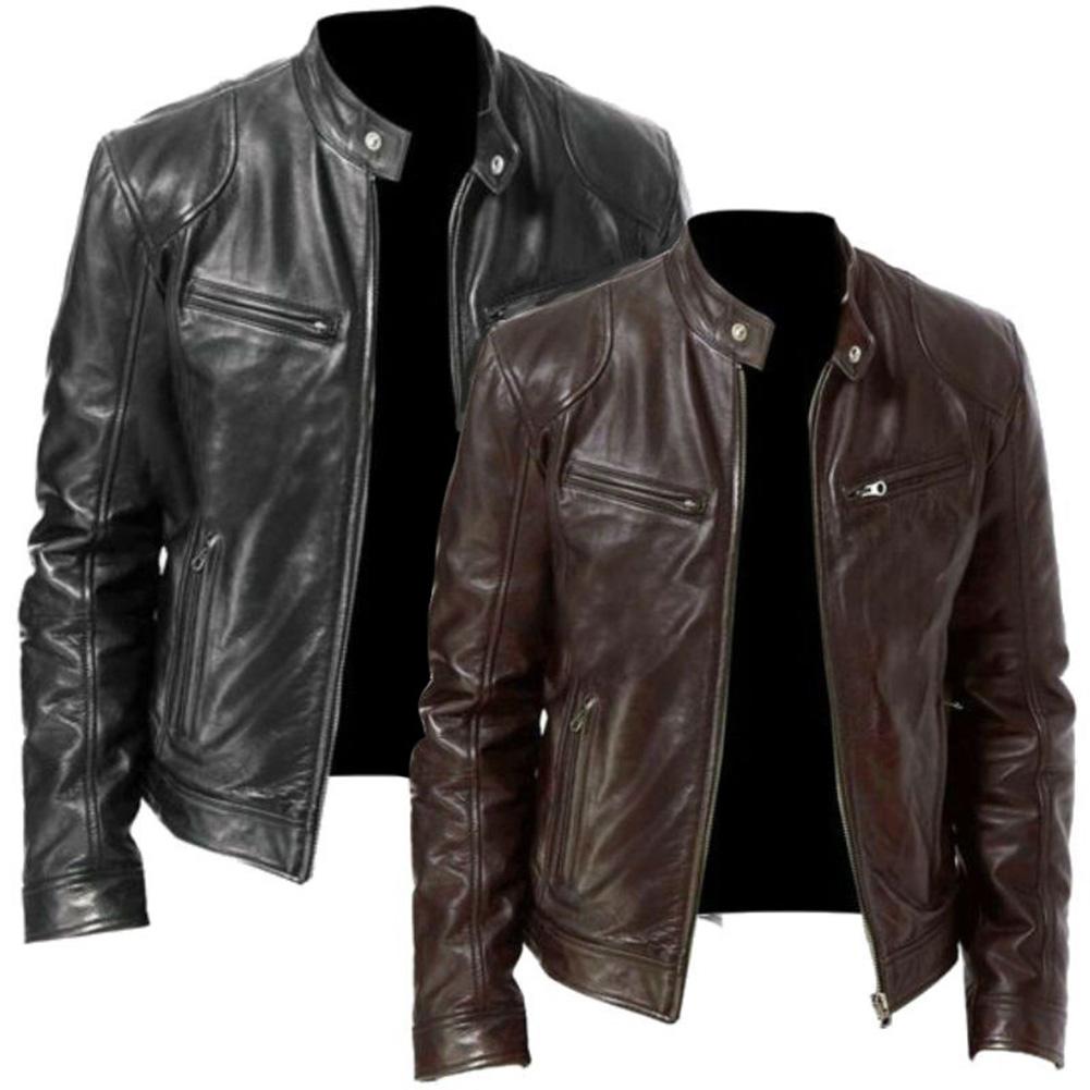 Elegante uomo autunno manica lunga colletto alla coreana ecopelle cerniera giacca da moto giacca da uomo in tinta unita stile moto