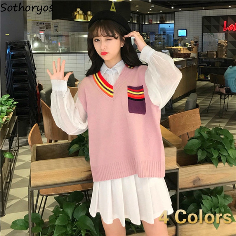 Tröja väst dam regnbågsficka stickad ärmlös dam all-match pullover elasticitet lös enkel höst ulzzang