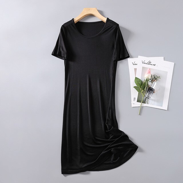 Kvinder& #39 ; s 50%  silke 50%  viskose strik stretchy korte ærmer hel slip nattøj natkjole natkjole  xs327: Sort / Xxl