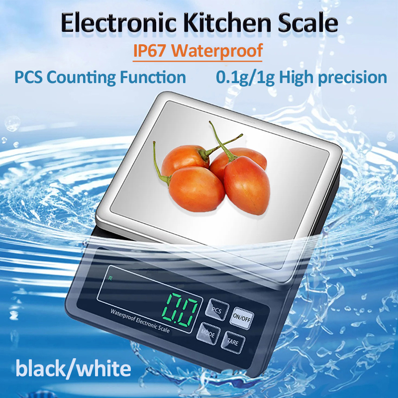 Wiederaufladbare Küchenwaage, IP67, vollständig wasserdicht, Heimküchenwaage, 0,1 g/1 g, hochpräzise elektronische Waage, 3 kg/5 kg/10 kg/15 kg