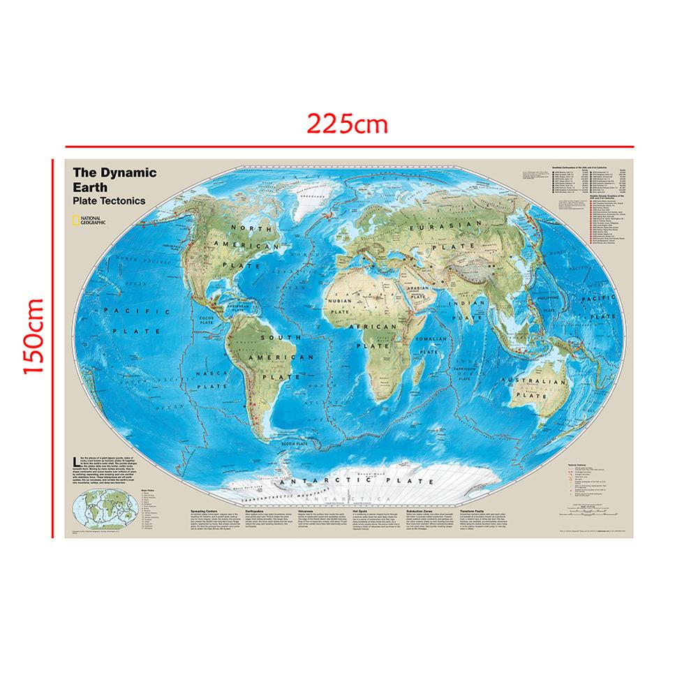Dynamiczna mapa tektoniczna płyty ziemskiej z najgroźniejszymi trzęsieniami ziemi z 20 i 21 wieku 150x225cm włókniny