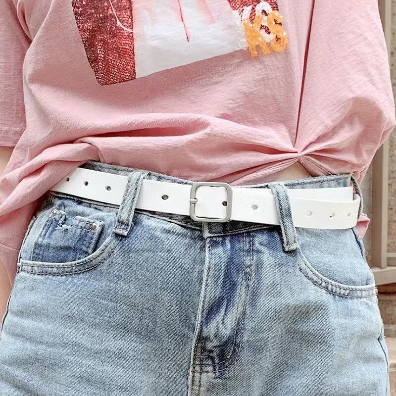 Mujer doble hebilla de plata Jeans cinturones de para la mujer los estudiantes pretina Simple círculo cinturón con hebilla para Jeans vestido: white square buckle