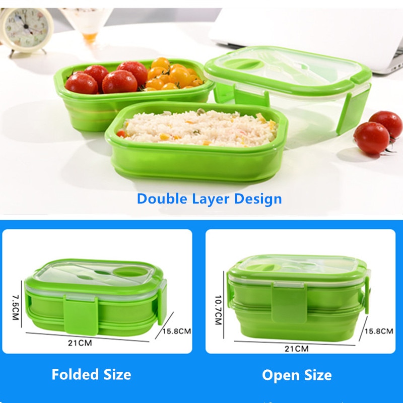 Dubbellaagse siliconen opvouwbare bentobox 1600ml magnetron lunchbox opvouwbare voedselcontainer lunchbox