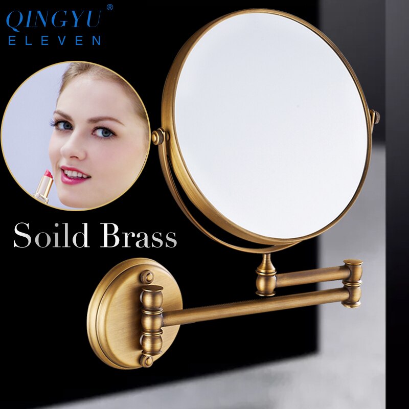 QINGYU ELEVEN 8 inch Soild Brass Bath Mirror European style Wall Mounted Double Sided Adjustable Round Cosmetic Beauty Mirror