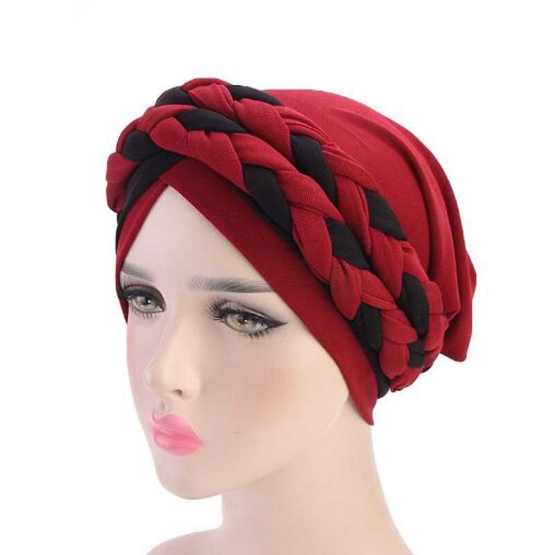 Bohemian National Twist Braid Skullies Beanies Spring Autumn Brand Turban Hats For Women Chemotherapy Cap: black wine red