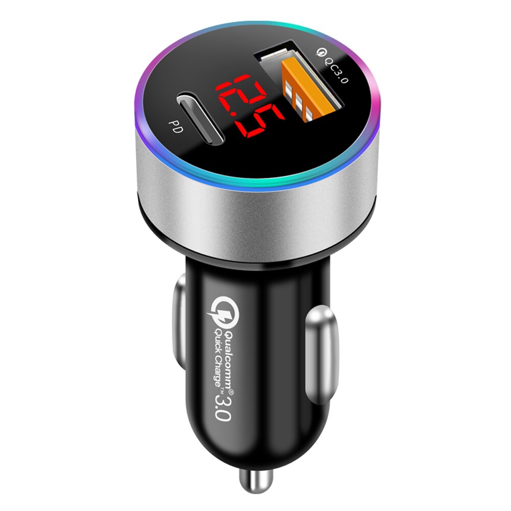 Cargador de coche Universal QC 3,0 PD, salida USB Dual para Huawei P10 Plus Mate 9, Xiaomi Mi5 Mi6 Plus, pantalla Led de voltaje: silver
