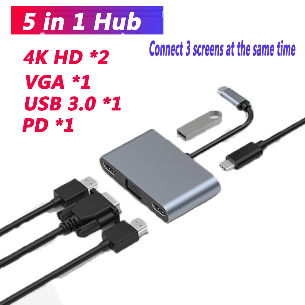 Usb Type C Hub Naar Dual Monitor Laptop Docking Station 2 Hdmi-Compatibel Pd Usb Mst Adapter Voor Macbook pro Samsung: 5 in 1