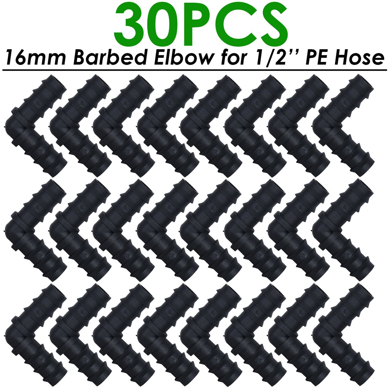 30-40X Drip Irrigation Barbed Fitting Connector Adaptor Coupling Line End Elbow KIT 16mm for 1/2" PE Tubing Hose Watering Garden: KSL01-KIT027-30PCS