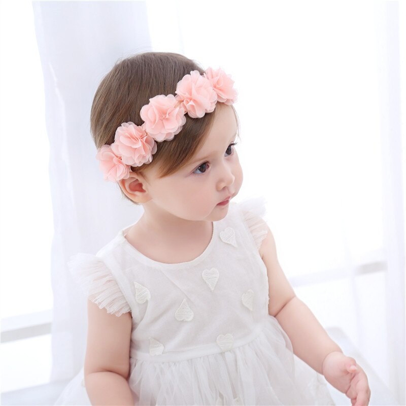 Baby Flower Crown Headband Chiffon Flower Wreath Pink Ribbon Hair Bands Children Girls Handmade DIY Headwear Hair Accessories