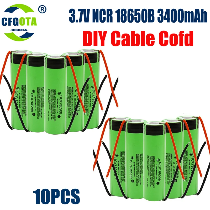 1-20pcs 100% Original 18650 battery 3400mah 3.7v lithium battery NCR18650B Suitable for flashlight battery +DIY wire: green