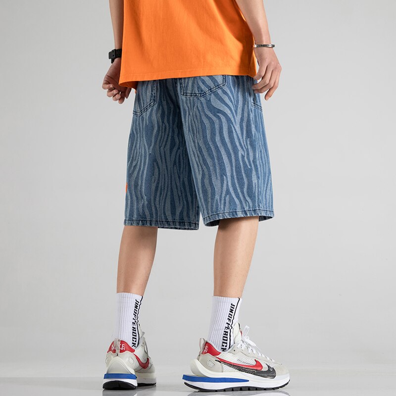 Summer Men Knee Length Denim Trousers Zebra Print Casual Jean Shorts