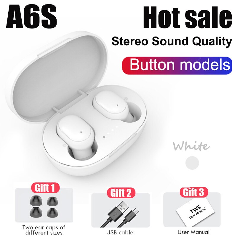 Écouteurs sans fil Bluetooth 5.0 A6S TWS, oreillettes de Sport, casque d'écoute stéréo avec Microphone, boîte de chargement, pour tous les Smartphones: White with Box