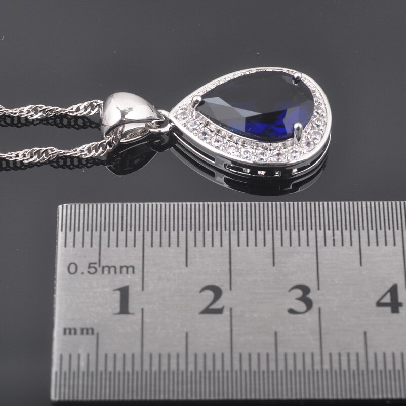Blauwe Stenen Water Zilveren Kleur Sieraden Sets Armband Voor Vrouwen Bruiloft Ketting Hanger Oorbellen Ring QS0355