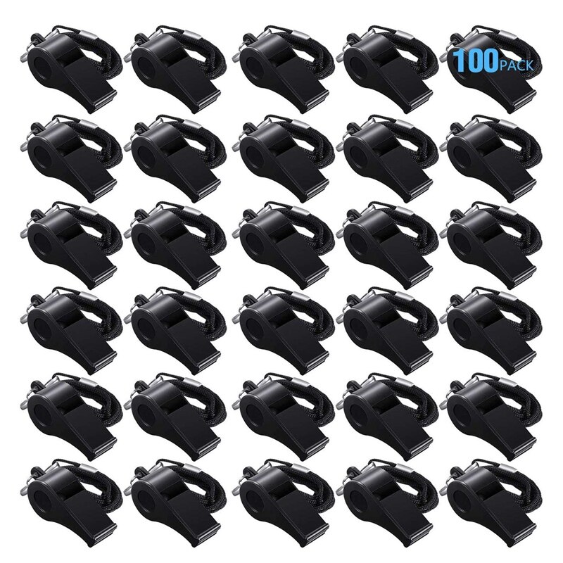 100 Pcs Zwarte Lanyard Plastic Fluitjes Coaches Scheidsrechters Fans Juichen Student Fluitjes Emergency Survival Fluitjes Bulk