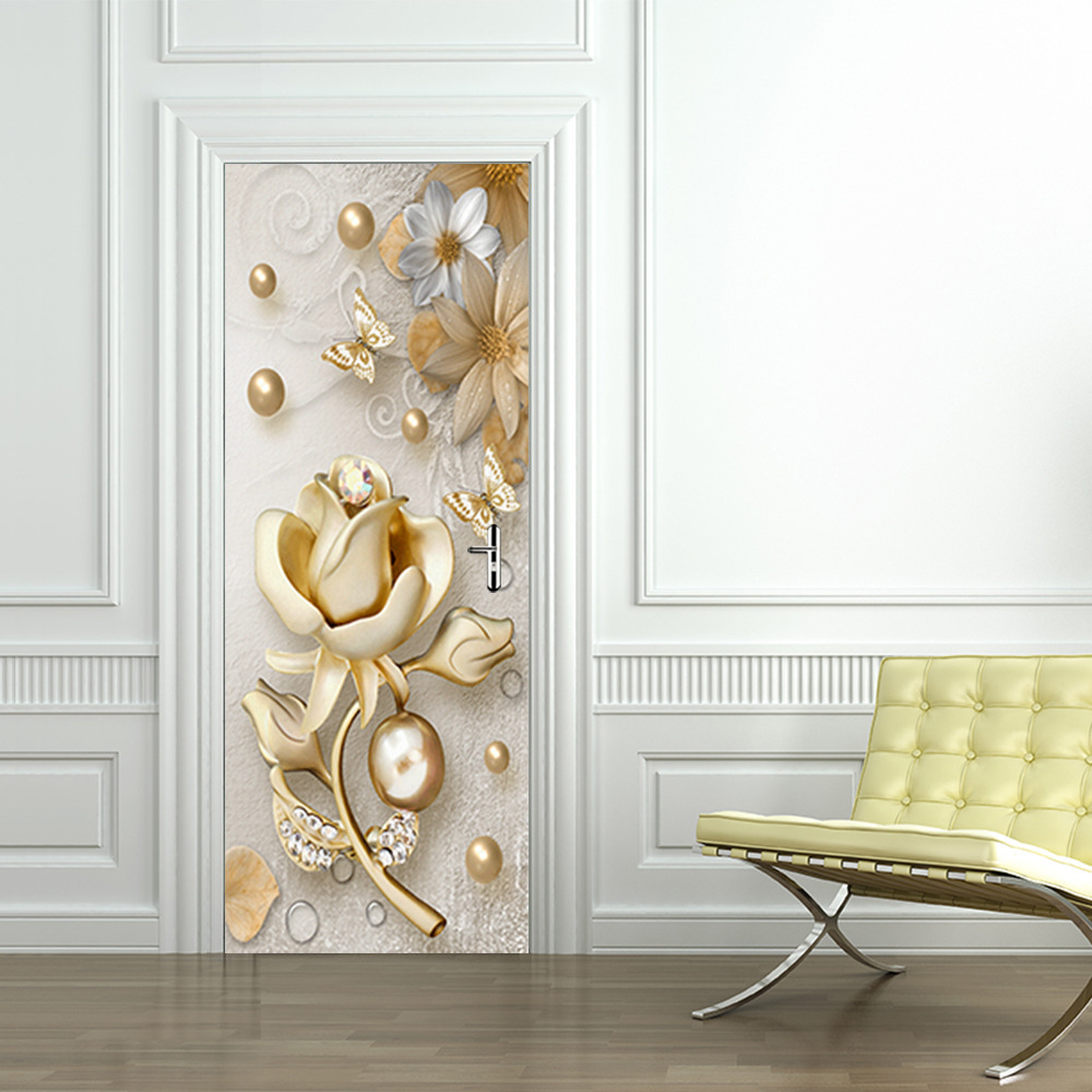 3D Door Sticker Wallpaper Home Decor Floral Mural Wall Decals Kitchen Bedroom Self Adhesive Flower Door Poster Pegatina puerta: Light Grey / 95x215cm(cut 2 pcs)