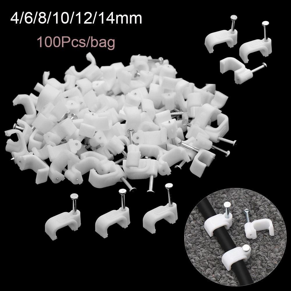100Pcs Vierkant Wit Kabel Clips 4Mm-14Mm Met Vaststelling Stalen Nagels Multipurpose Wire Montage Bevestigingsklem sluiting Hardware